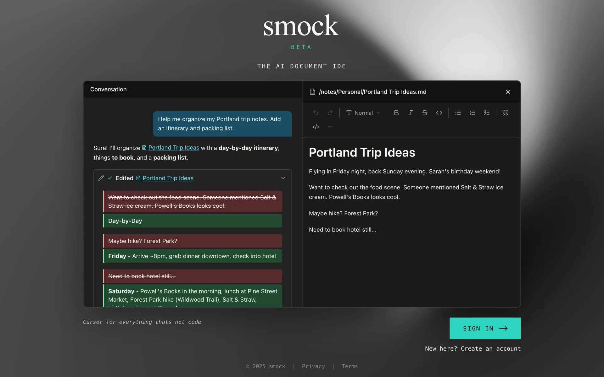the landing page: an agent editing a note in real time