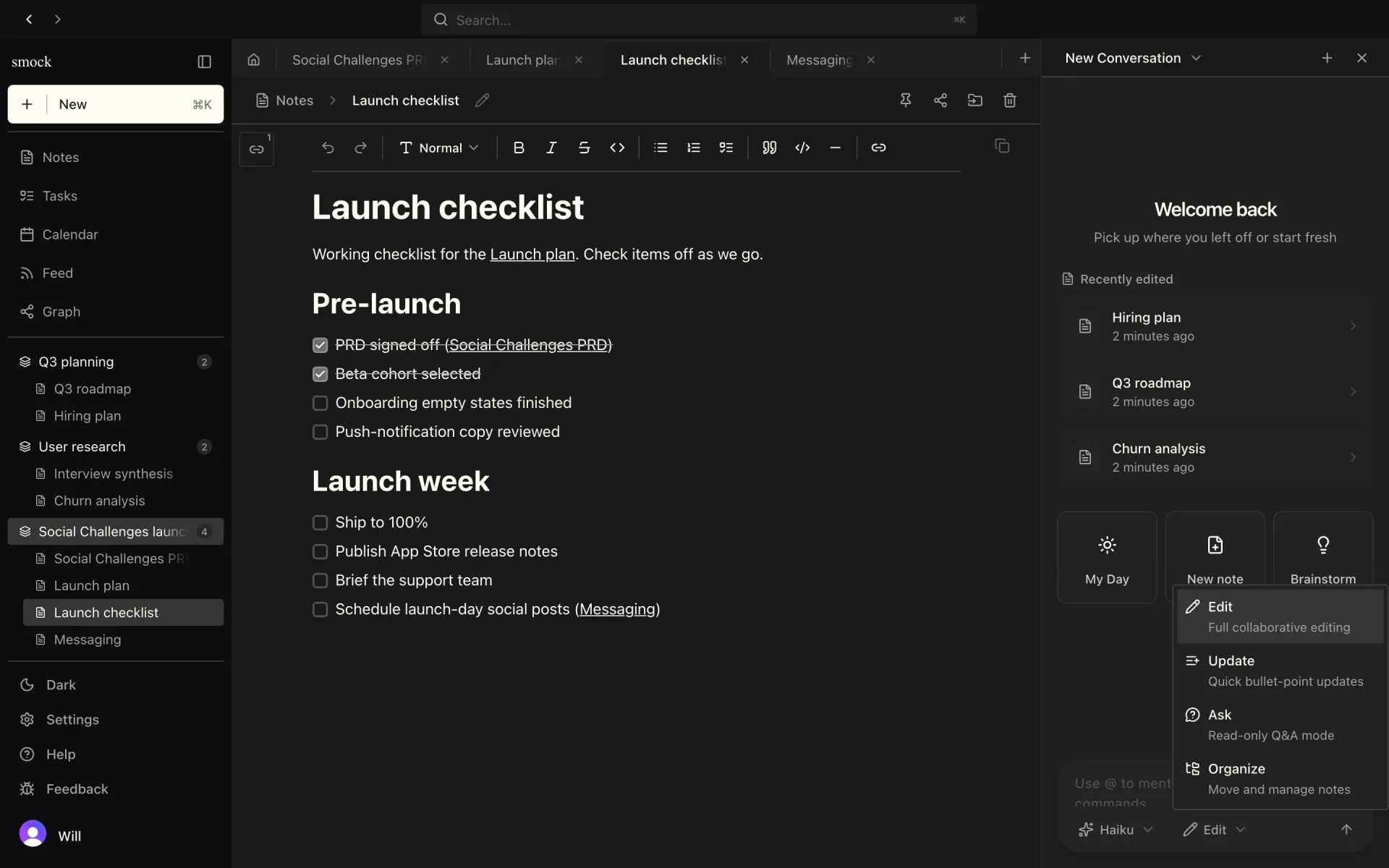 modes: ask is read-only, edit can write